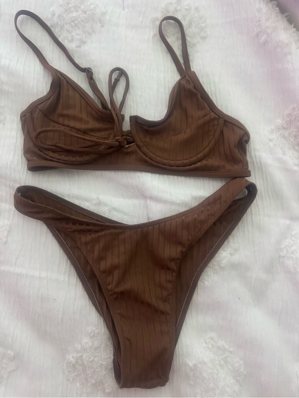 SHEIN Brown Ribbed Underwire Two-Piece Bikini